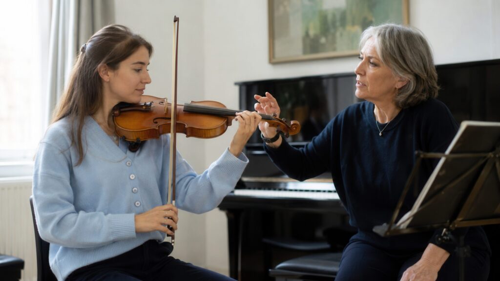 Violin teacher guiding young woman during private music lesson with violin and piano
